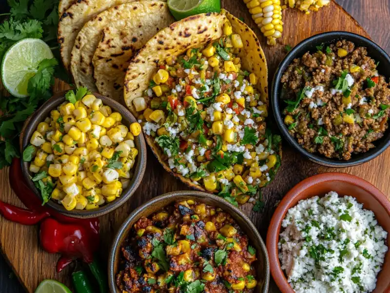 A vibrant Mexican taco bar setup with corn tortillas, roasted corn salsa, ground beef, crumbled cheese, fresh lime, and cilantro garnished for a flavorful feast."