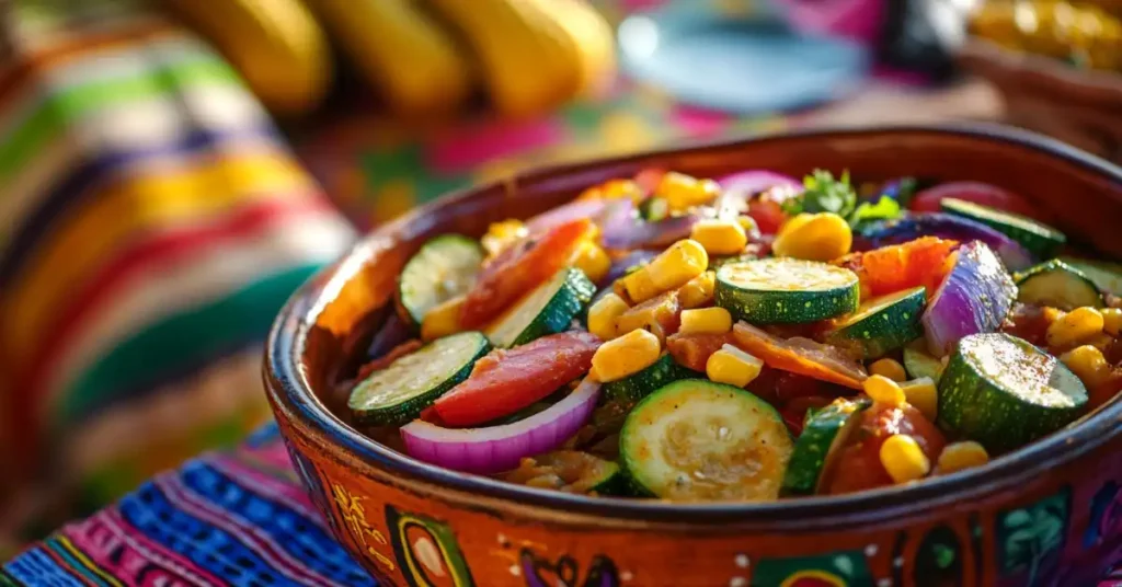 A colorful Mexican-inspired zucchini salad with corn, tomatoes, red onions, and fresh herbs in a rustic bowl.