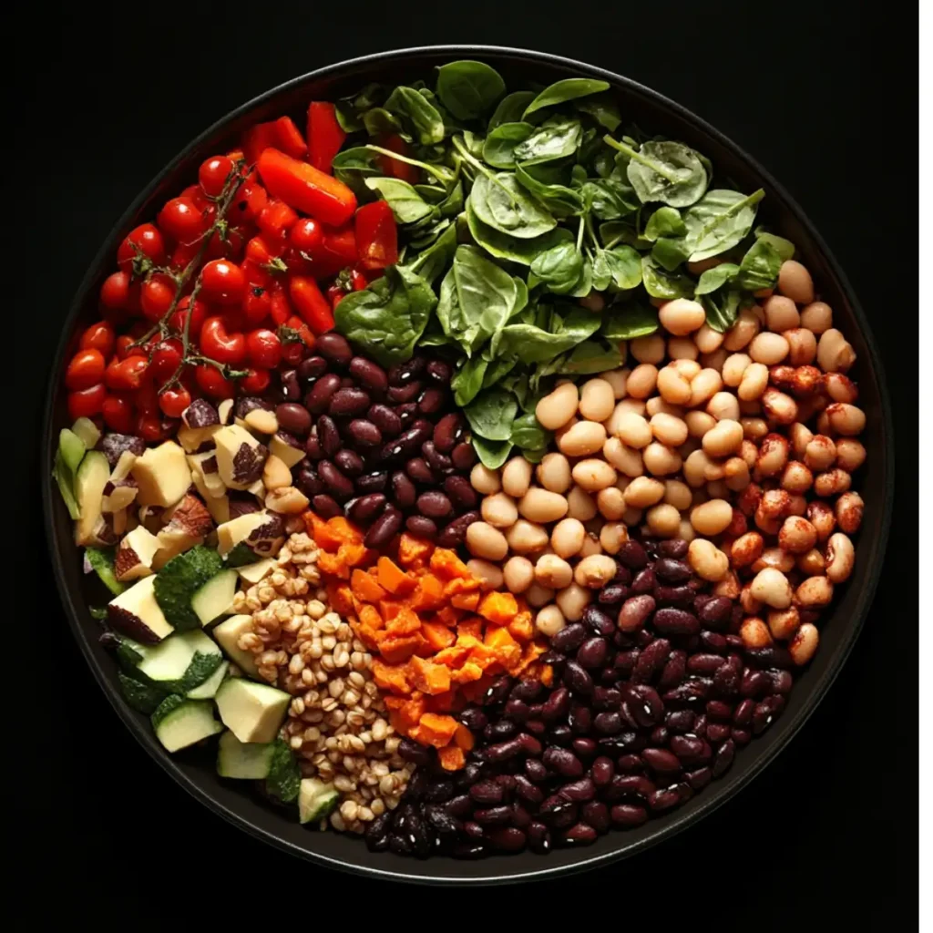 A nutrient-rich power bowl featuring beans, spinach, and fresh vegetables arranged in sections.