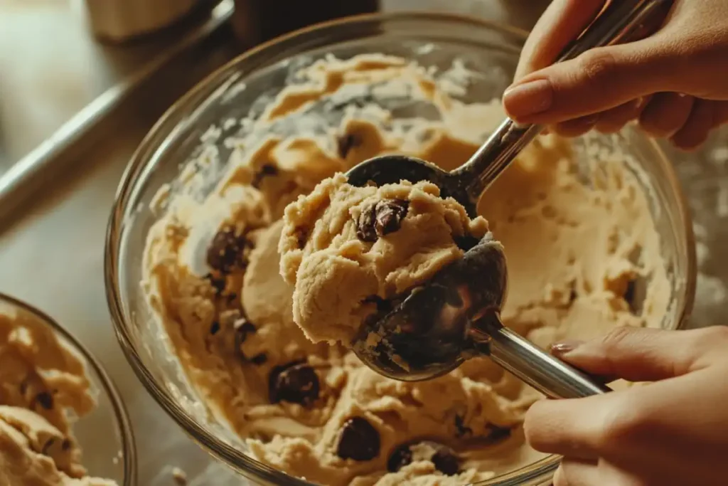 Scooping freshly mixed cookie dough with chocolate chips in a glass bowl.