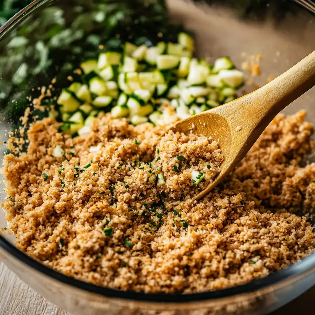 A glass bowl containing ground chicken, zucchini, and breadcrumbs being mixed with a wooden spoon.