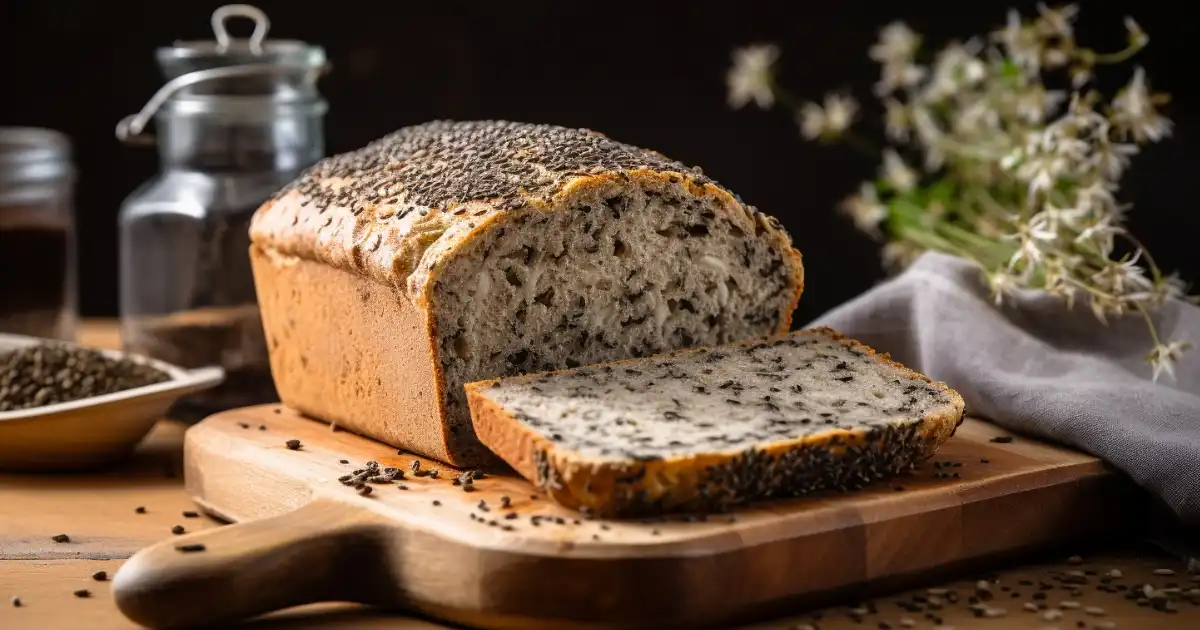 Freshly baked oatmeal and chia bread sliced on a rustic wooden board, surrounded by oats and chia seeds.