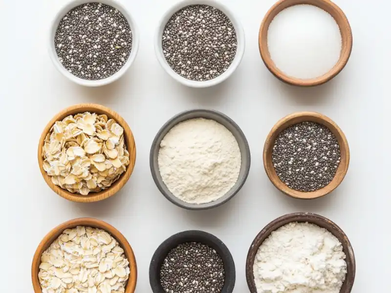 Flat lay of oatmeal and chia bread ingredients: oats, chia seeds, flour, yeast, sugar, and salt in bowls.
