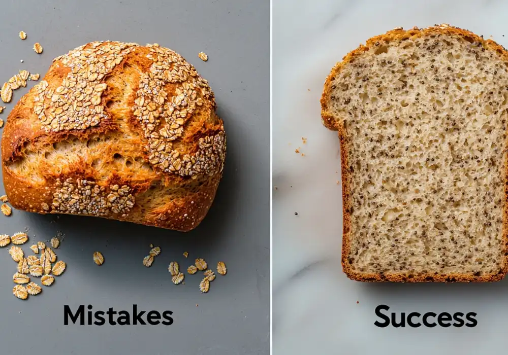Common baking mistakes for oatmeal and chia bread vs. a perfect golden loaf for comparison.