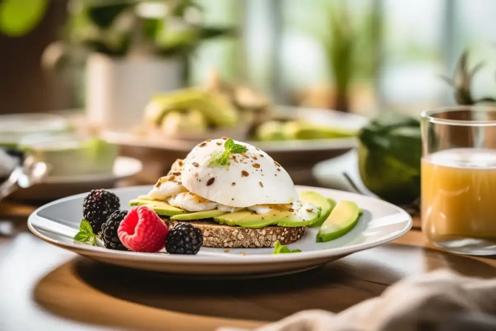 Serving suggestion: oatmeal and chia bread with avocado and poached eggs, paired with coffee and fresh fruits.
