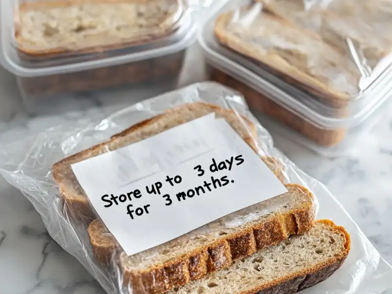 Storage tips: oatmeal and chia bread slices wrapped in parchment paper with labels, placed next to a container and freezer bag.