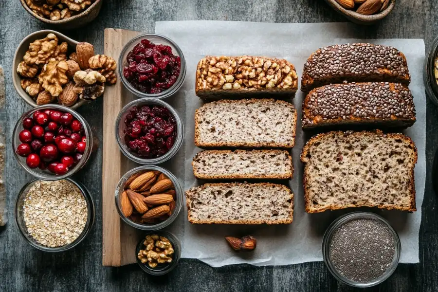 Variations of oatmeal and chia bread: with cranberries, nuts, and spices, displayed on a wooden board.
