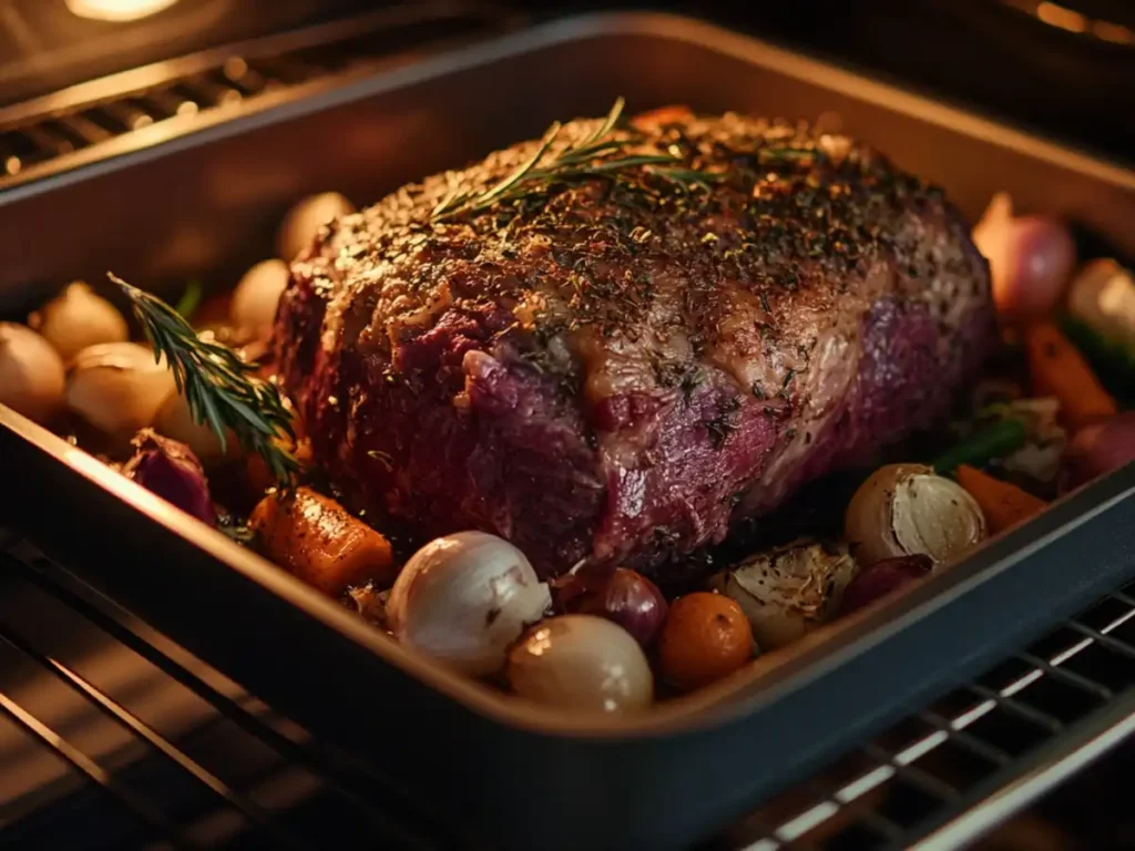 uicy roasted steak in a baking pan surrounded by carrots, shallots, and rosemary in the oven.