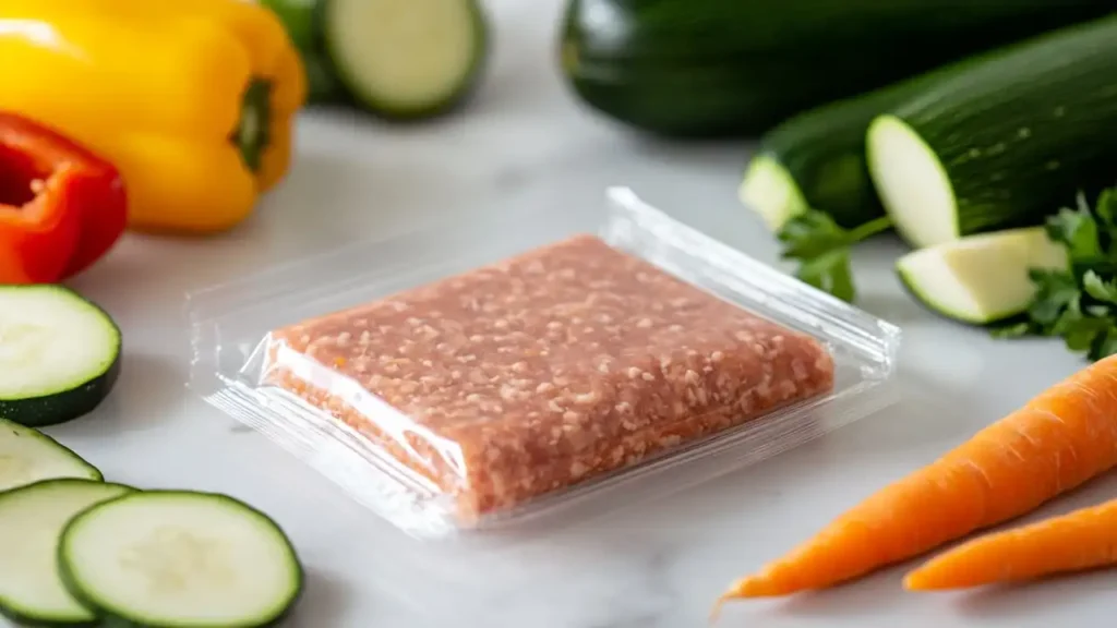 A package of ground chicken surrounded by fresh zucchini, carrots, and bell peppers on a clean surface.