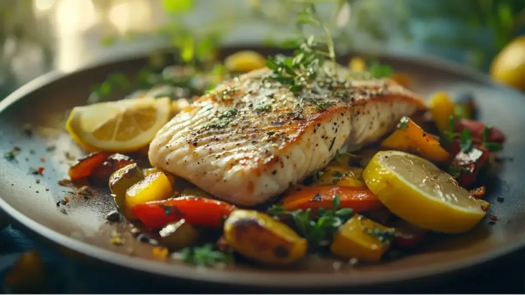 Pan-seared fish fillet served on a bed of roasted vegetables, garnished with fresh thyme and lemon slices.