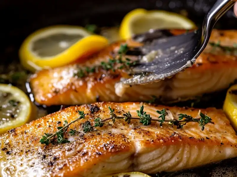 Close-up of pan-seared steelhead trout fillet with thyme sprigs and lemon slices.