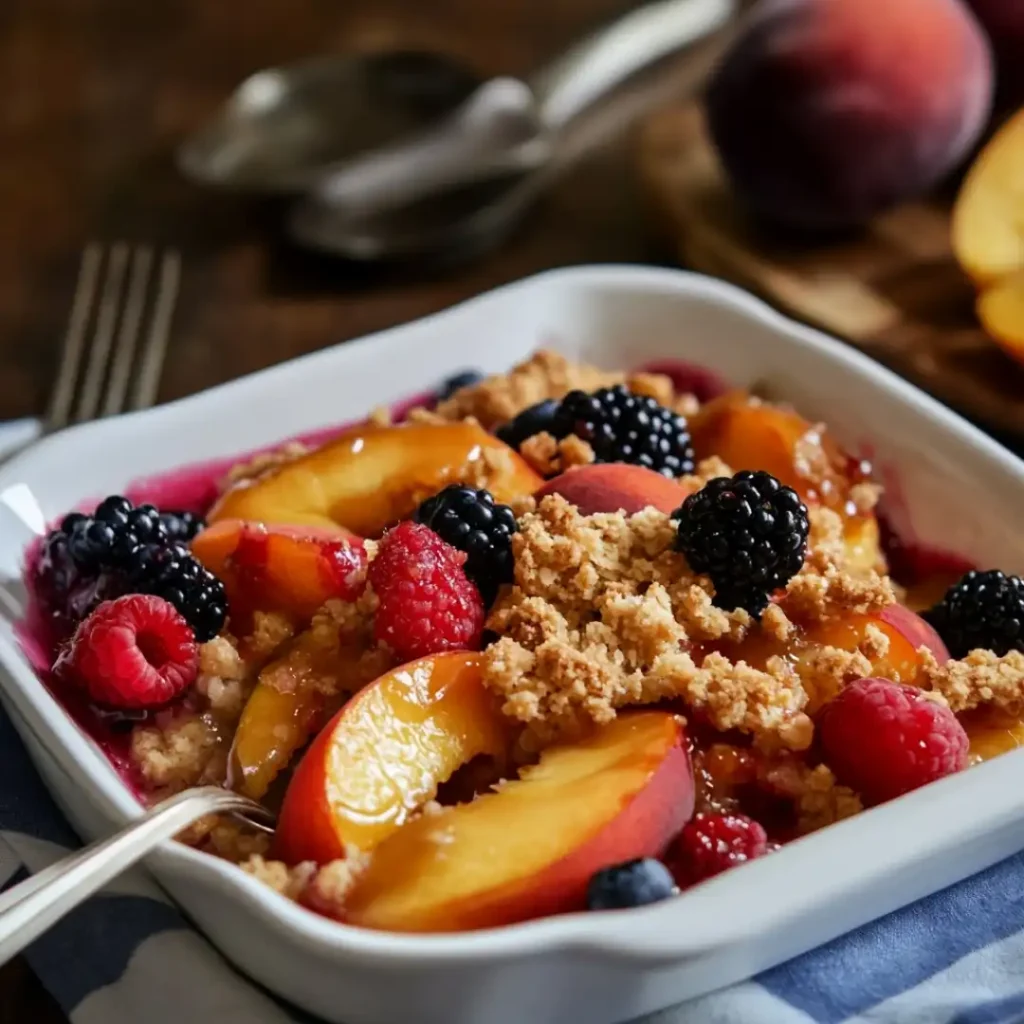 Mixed-fruit peach crumble with raspberries, blackberries, and a golden topping served in a white dish.