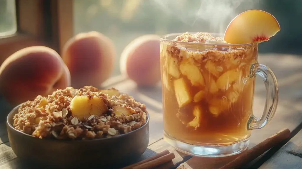 A cozy serving of peach crumble in a bowl, paired with a glass of peach iced tea garnished with a fresh peach slice.