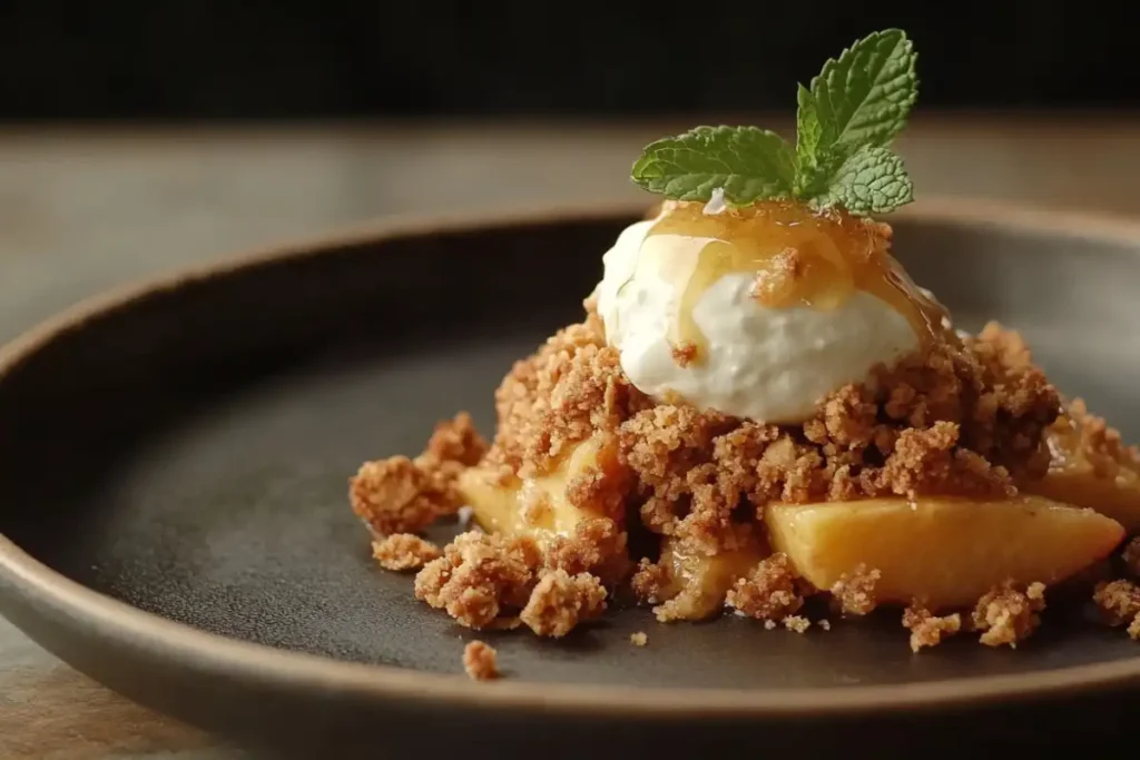 A serving of peach crumble on a black plate, topped with tangy yogurt, honey drizzle, and fresh mint garnish.