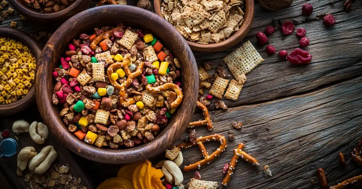 Perfect Chex Mix baked in the oven with Chex cereals, pretzels, and nuts in a glass bowl.