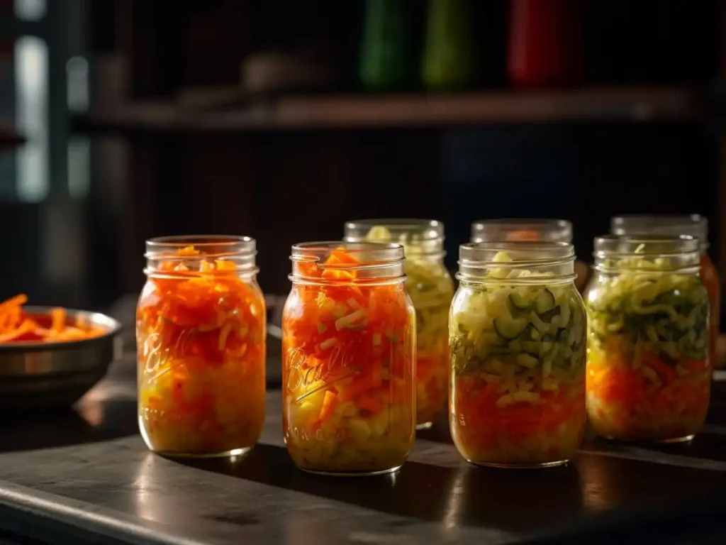 Several mason jars containing pickled carrot, cucumber, and other shredded vegetables on a dark countertop.