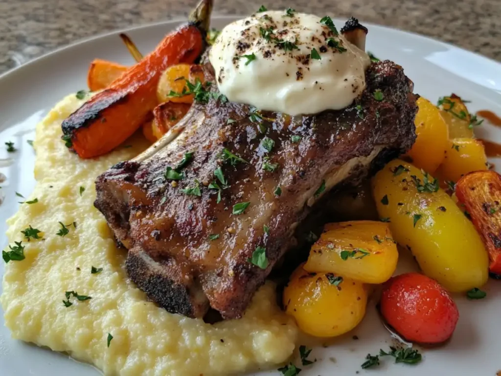 Bone-in shank served over polenta with roasted vegetables and topped with a dollop of yogurt.