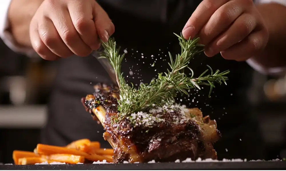 Chef garnishing a seared bone-in shank with fresh rosemary and coarse salt.