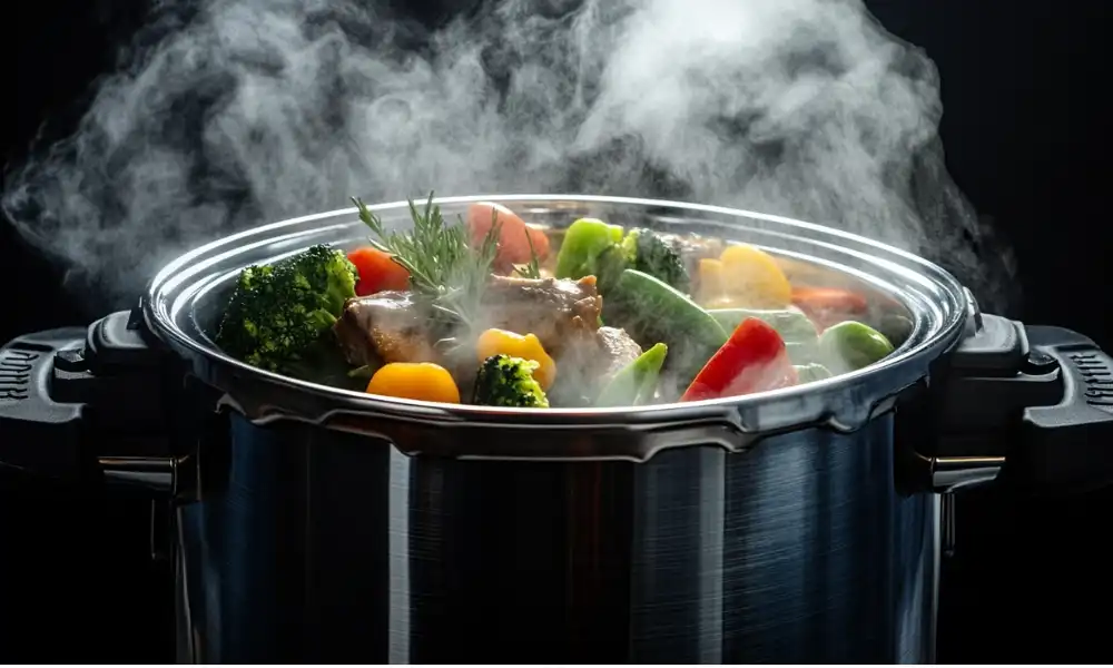 A pressure cooker filled with bone-in shank and colorful vegetables, releasing steam.