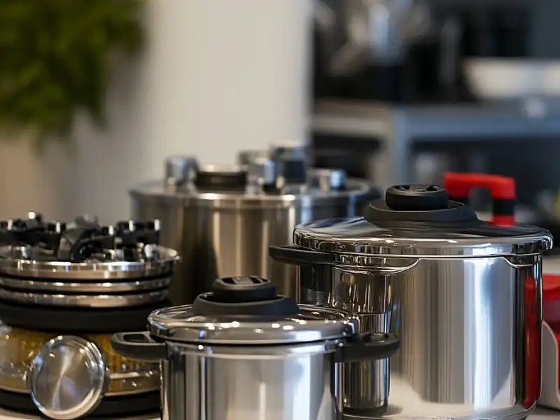 Various pressure cooker models with detachable components organized for cleaning and maintenance.