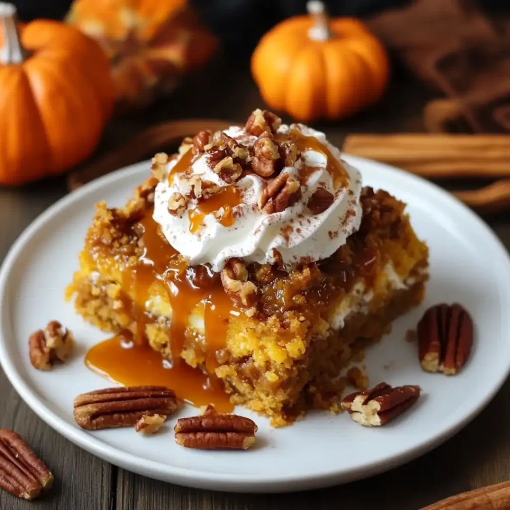 A slice of pumpkin cream cheese bar topped with whipped cream on a white plate, surrounded by miniature pumpkins.