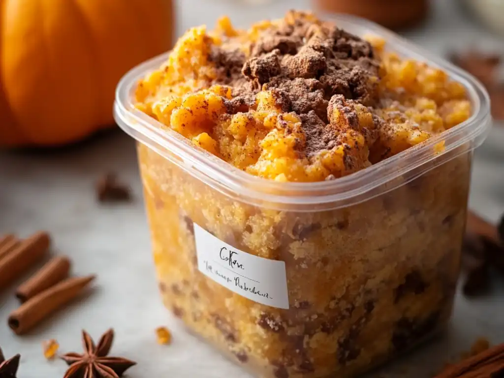 A plastic container filled with crumbly pumpkin dessert, topped with a dusting of cocoa powder.