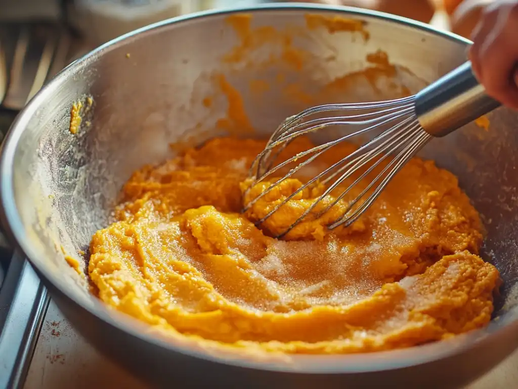 Hand whisking vibrant orange pumpkin mixture with sugar in a stainless steel bowl.