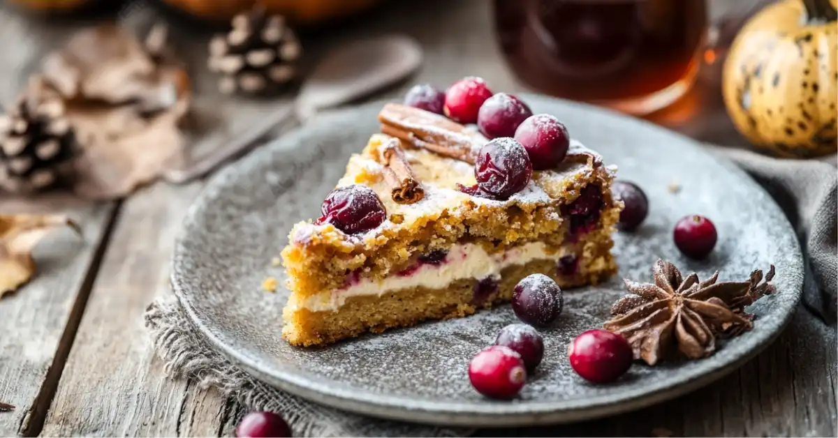 A slice of layered pumpkin spice cake filled with cream and cranberries, topped with fresh cranberries and powdered sugar.