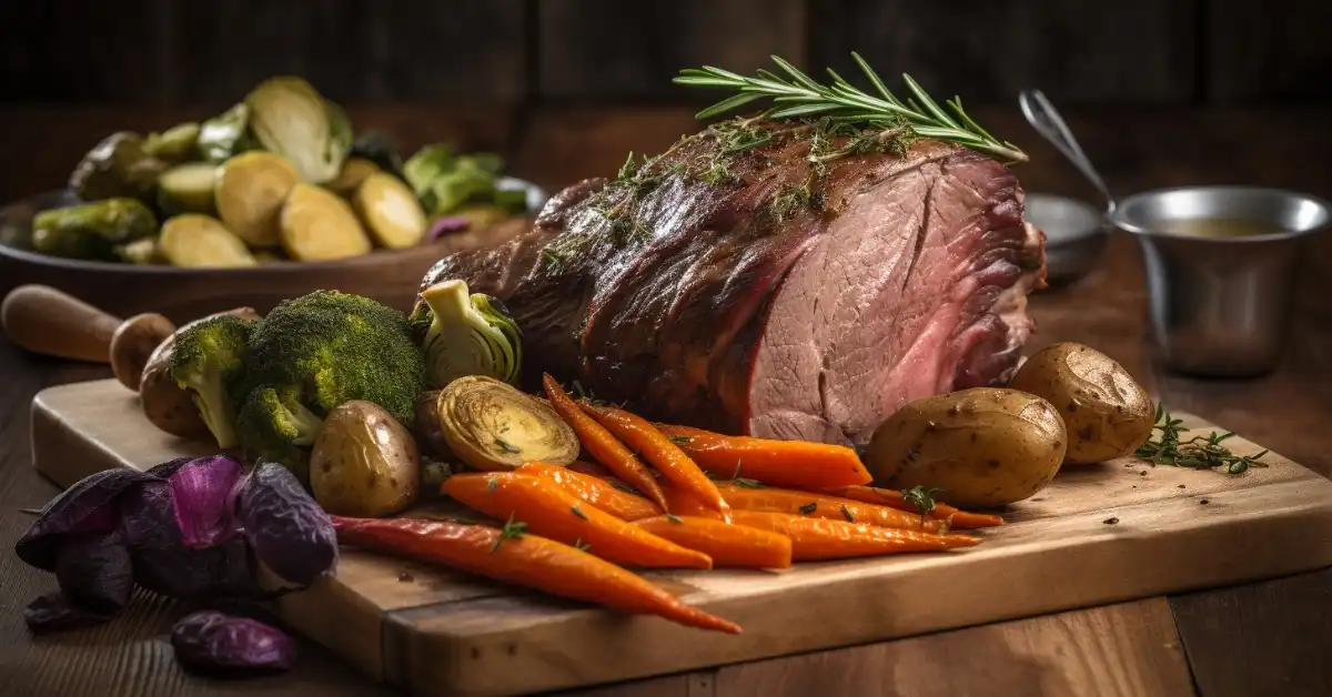 Roasted beef on a cutting board surrounded by carrots, potatoes, broccoli, and rosemary sprigs.