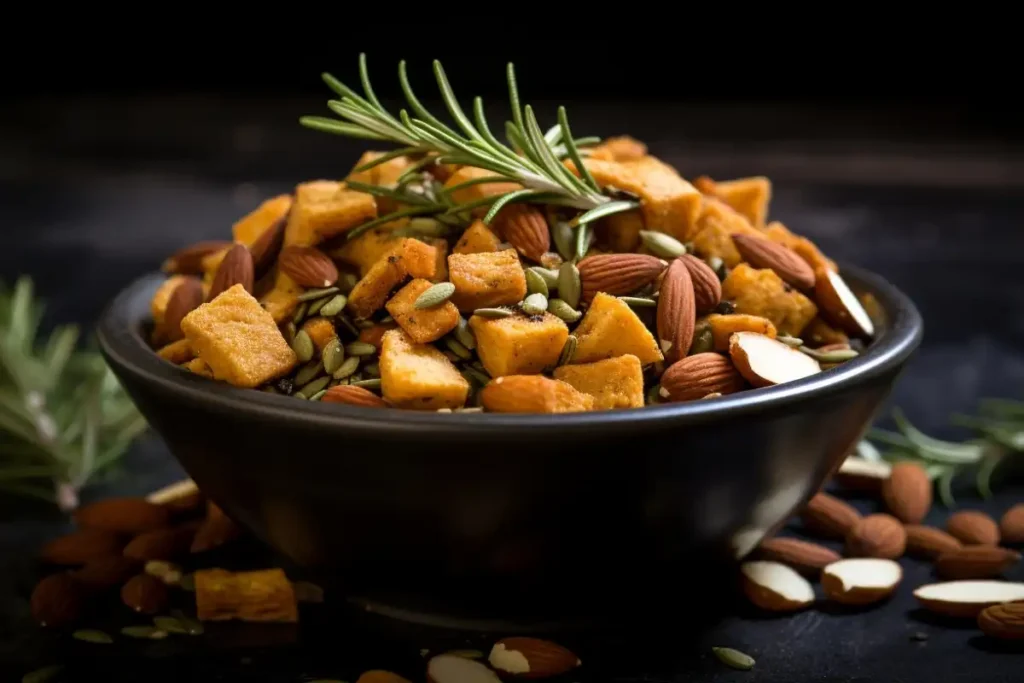 A gourmet snack mix with rosemary sprigs, pumpkin seeds, almonds, and crispy crackers.