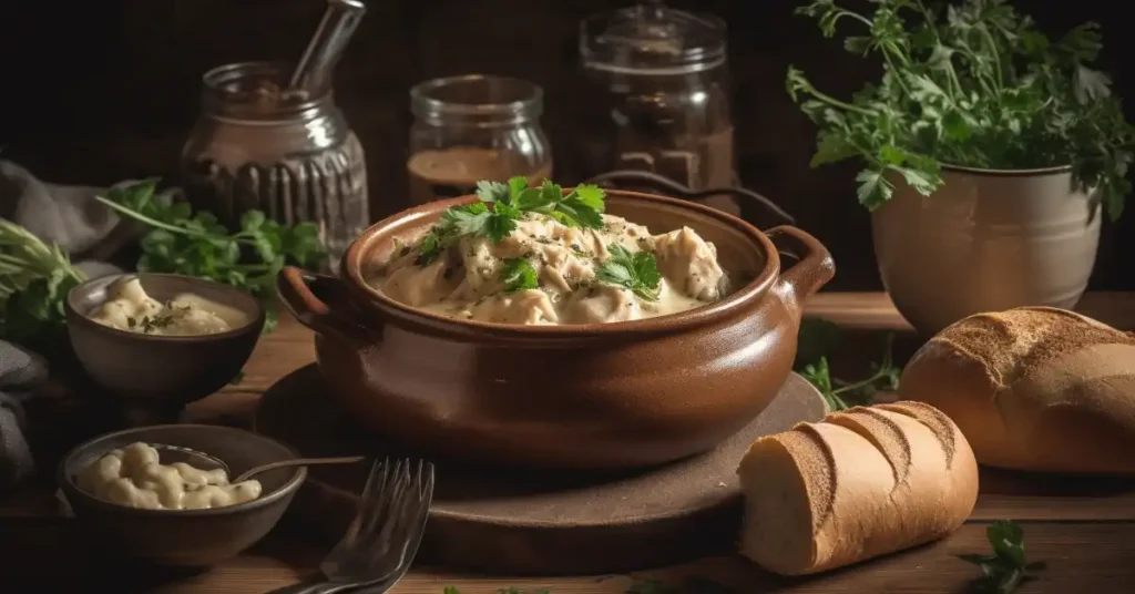 Rustic serving of Crockpot Chicken and Dumplings in a ceramic pot, garnished with parsley.