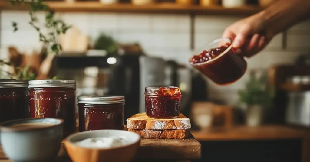 Homemade jams in jars with one being spread on toast, accompanied by coffee and yogurt in a cozy rustic kitchen.