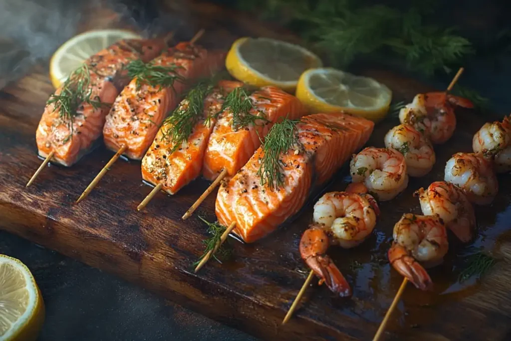 Salmon and shrimp skewers grilled and served with fresh lemon slices and dill.