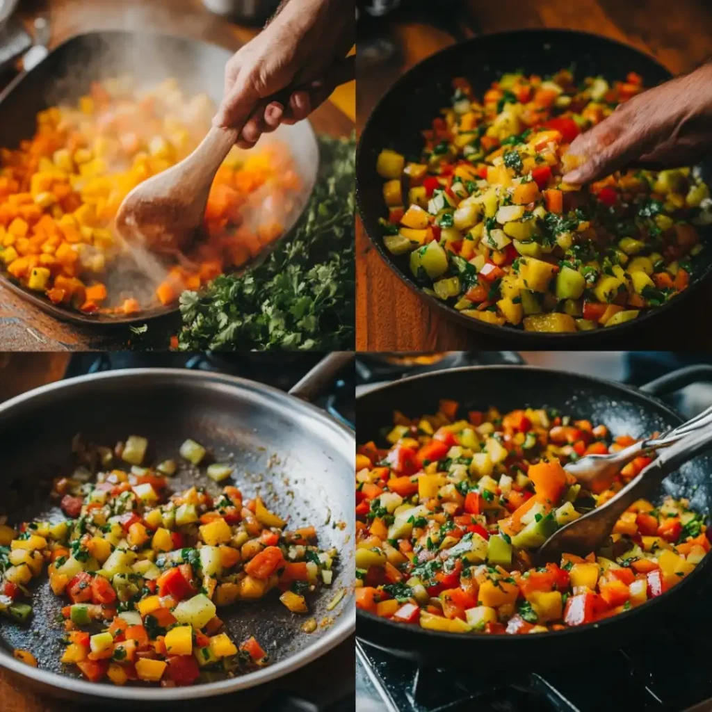 Step-by-step cooking process of sautéed vegetables in a skillet, showcasing vibrant colors and fresh ingredients like peppers, zucchini, and cilantro.