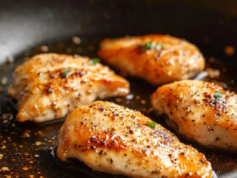 Golden seared chicken breasts cooking in a black skillet with seasoning and herbs