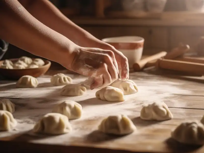 Hands shaping dough into dumplings on a floured wooden table for Crockpot Chicken and Dumplings.