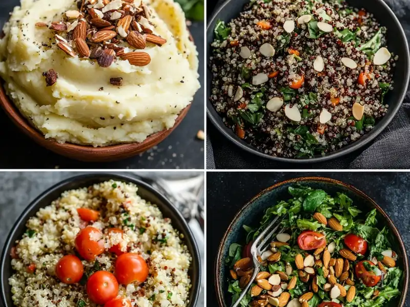 A collage of mashed potatoes, quinoa, wild rice, and fresh salads as side dishes for steelhead trout.