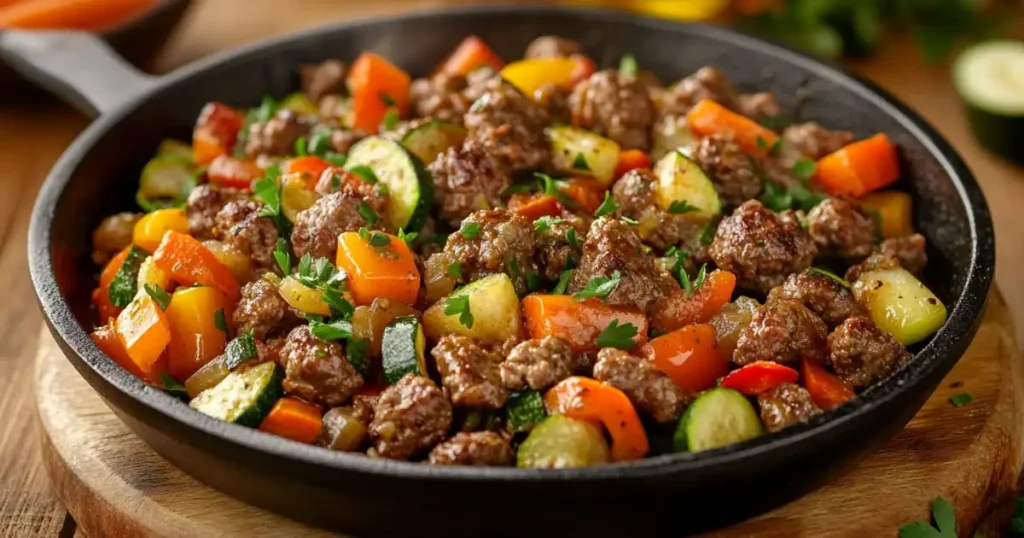 Savory beef bites sautéed with colorful vegetables like zucchini, bell peppers, and carrots in a cast-iron skillet.