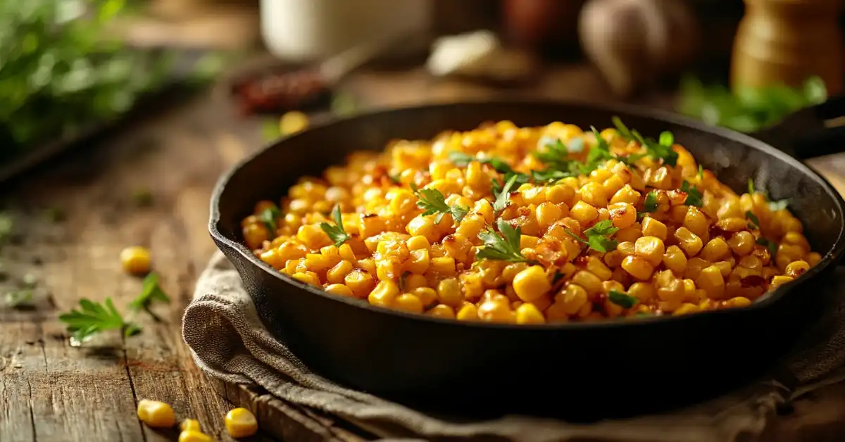 Roasted corn in a cast-iron skillet garnished with fresh herbs.