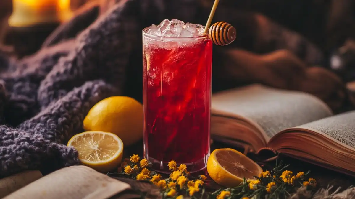 Deep red berry mocktail with lemons and chamomile flowers on a rustic setting.