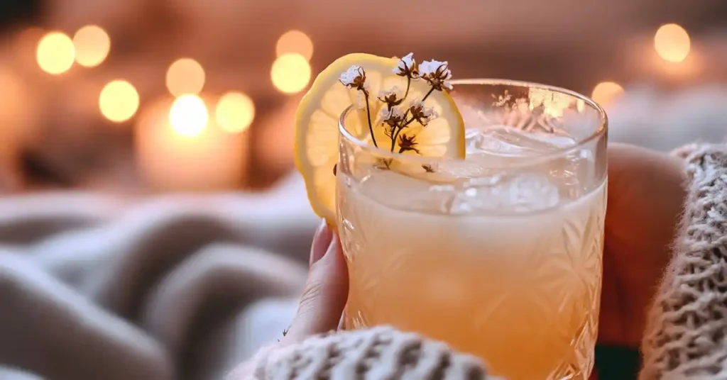 A cozy hand holding a glass of lemon mocktail with soft candlelight in the background.