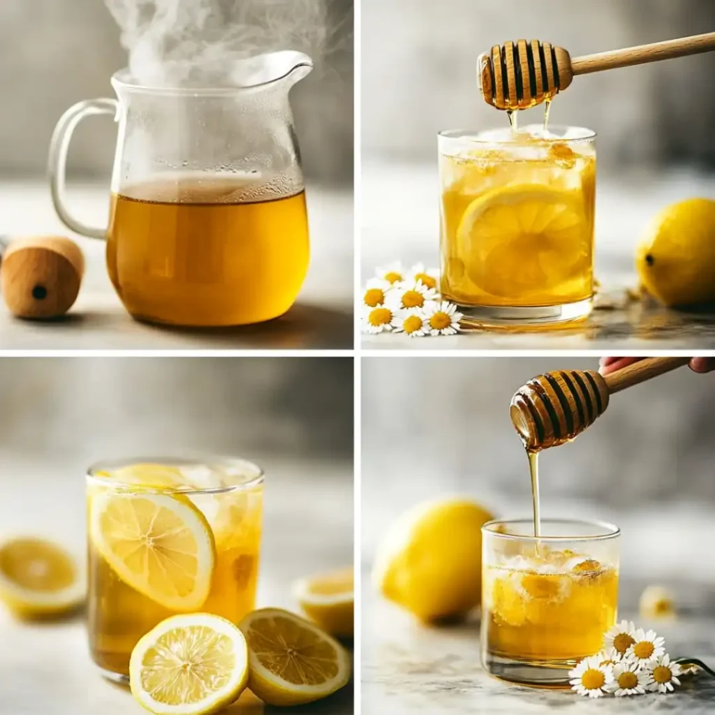 Steaming honey and lemon mix in a glass pitcher, perfect for a cozy mocktail.