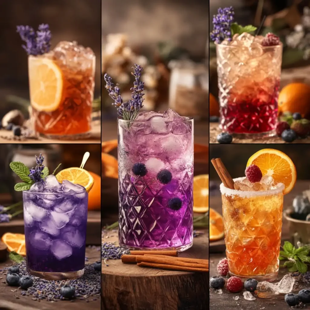 Vibrant mocktail glasses featuring lavender, blueberries, and citrus garnishes.