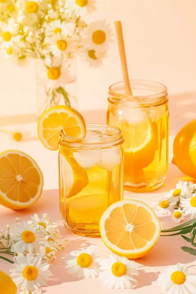 Refreshing mocktail in mason jars with lemon slices, chamomile flowers, and honey.