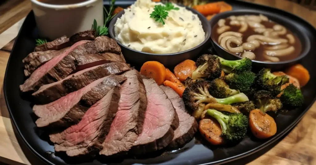 Sliced steak served with creamy mashed potatoes, roasted vegetables, and rich brown gravy on a black plate.
