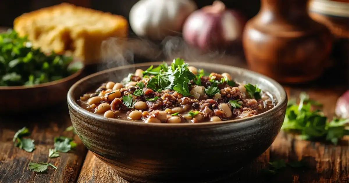 A bowl of Southern-style black-eyed peas garnished with parsley, served with cornbread and fresh herbs.