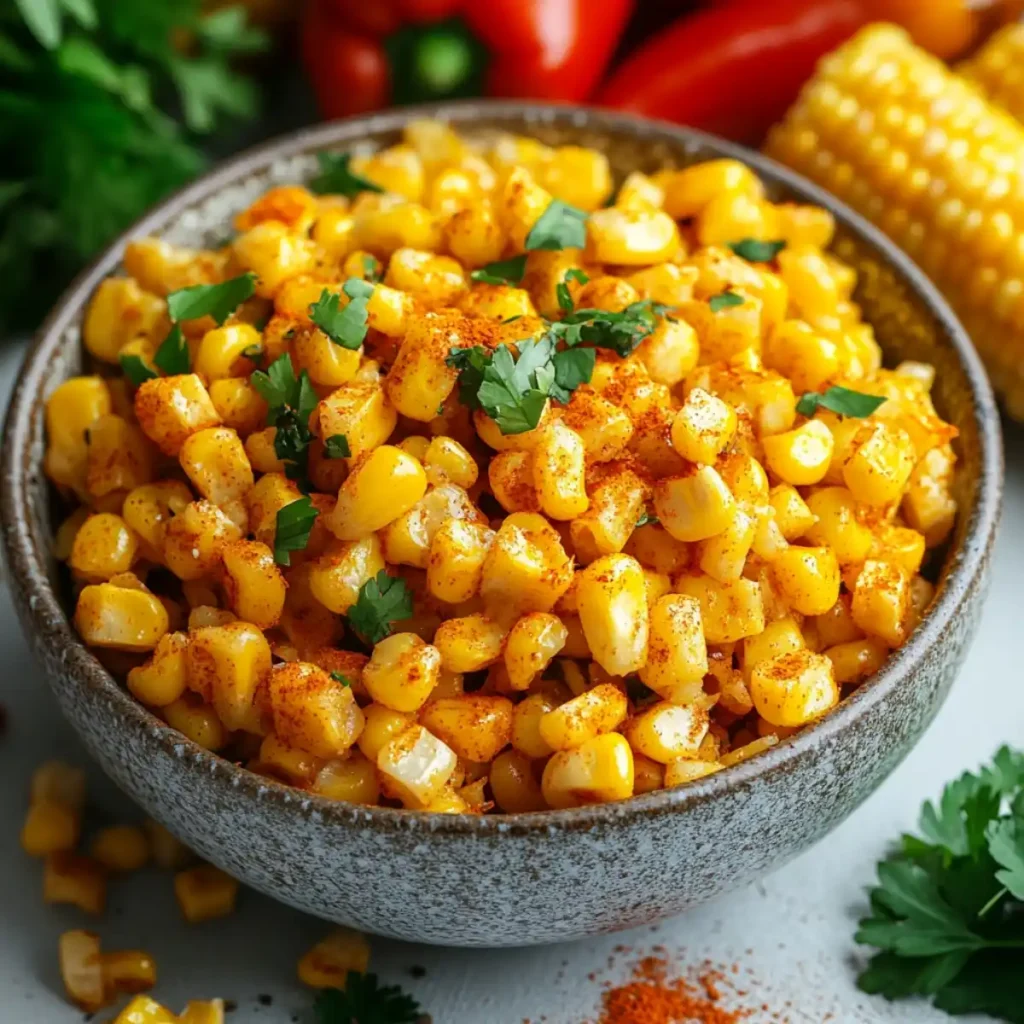 A bowl of seasoned corn salad garnished with chili powder and parsley.