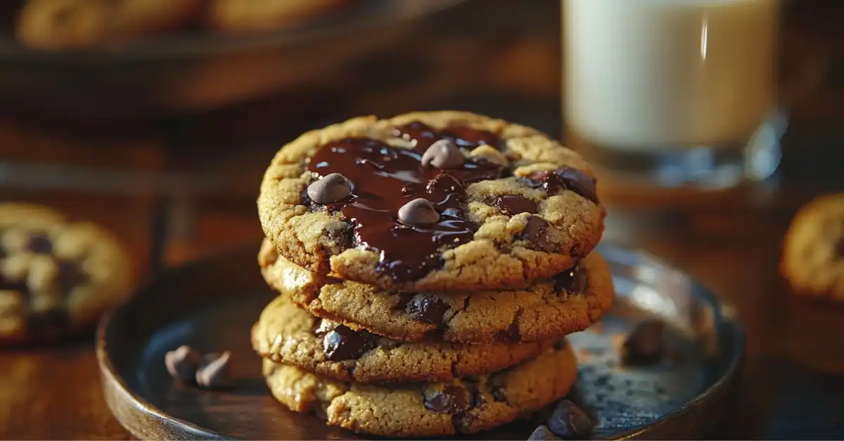 Stacked chocolate chip cookies with melted chocolate and a glass of milk in the background.