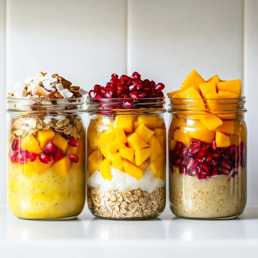 Mason jars layered with cooked steel-cut oats, yogurt, mango, and pomegranate seeds.