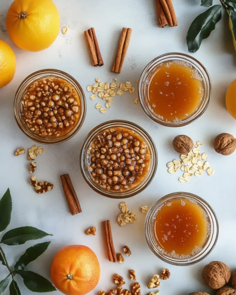 Glass jars filled with steel-cut oats topped with walnuts, cinnamon, and orange slices, surrounded by fresh ingredients.